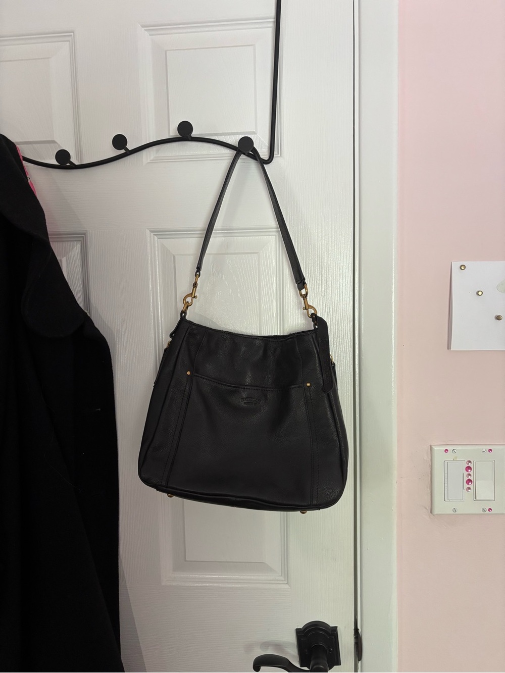 Everyday Black Leather Shoulder Bag with Gold Accents